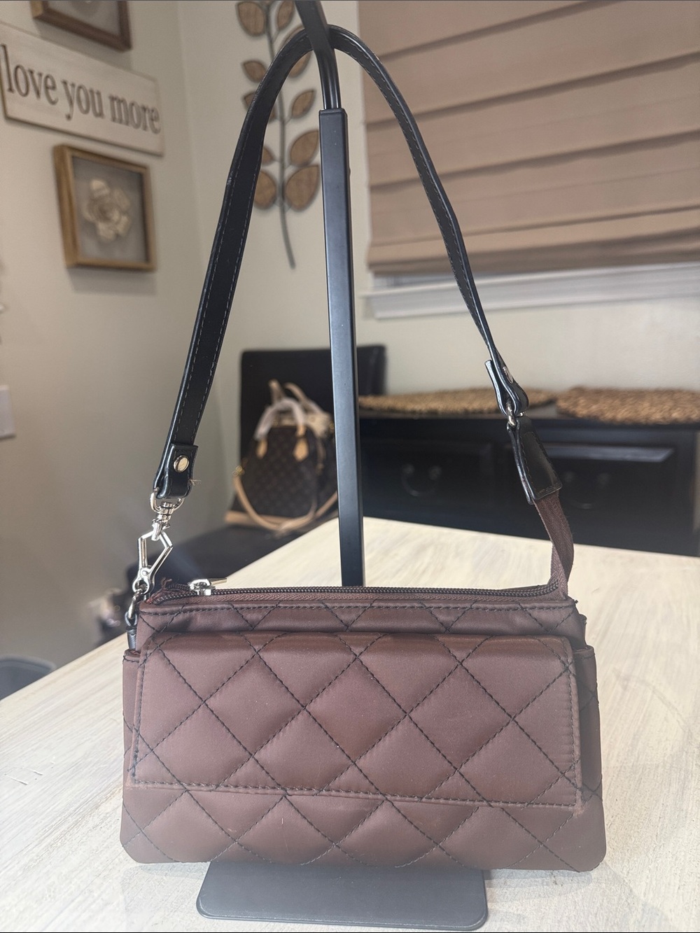 Sydney Love Quilted Brown Shoulder Bag with Black Strap